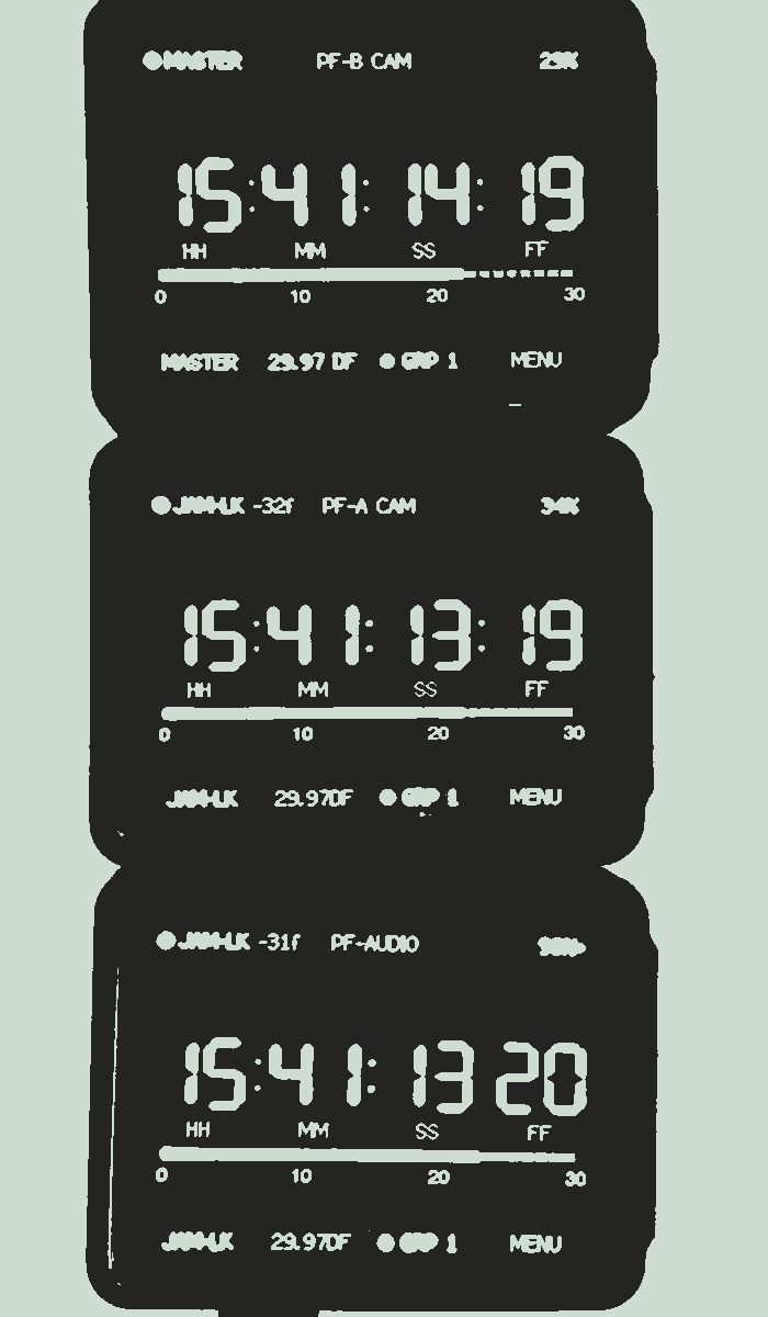Three pfGlass Timepiece units, one master and two jam-locked, all reading the same timecode at 29.97 drop frame